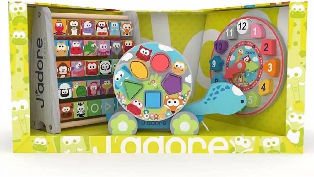 NEW JADORE natural wood 3-in-1 baby gift set – abacus, turtle pull toy & clock p